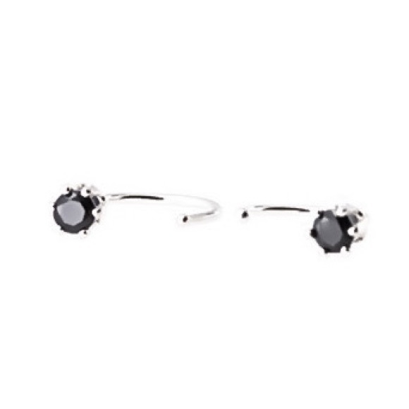 Black Spinel Hug Huggie Half Hoop Earrings 925 Sterling Silver - Picture 3 of 9